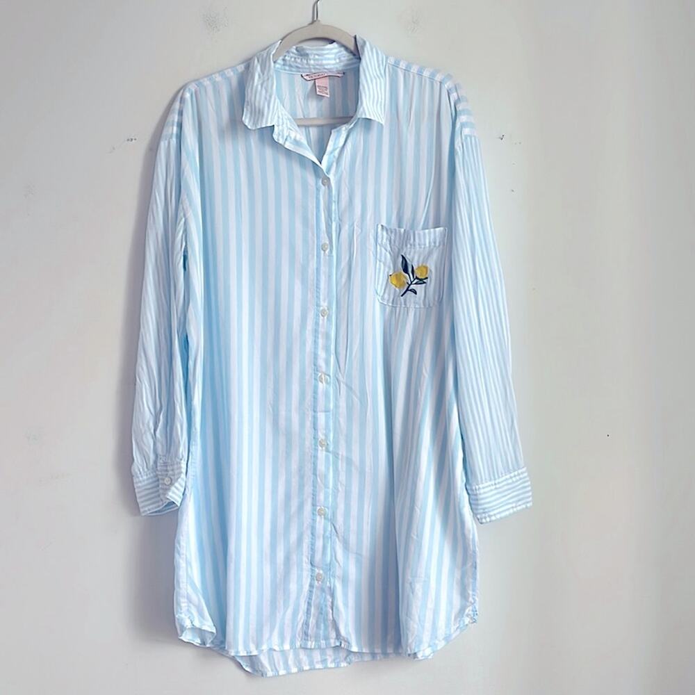 Victoria’s Secret lemon embroidered striped long line button up pajama shirt L